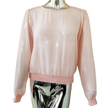 Load image into Gallery viewer, Socialite Blouse Womens Pink Crochet Trim Semi-Sheer Smocked Cuffs/Hem Large NEW