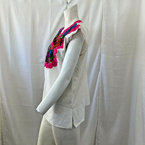 Vintage Womens Multicolored Floral Embroidered Linen Tourist Blouse Size Large