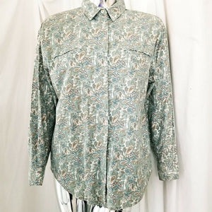 Vintage Maggie Lawrence Green Beige Peach Paisley Button Up Long Sleeve Shirt M