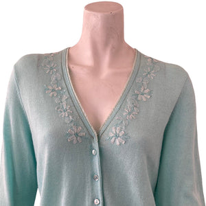 Liz Claiborne Collection Cardigan Sweater Aqua Green Embroidered Med Linen Blend