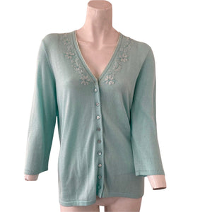 Liz Claiborne Collection Cardigan Sweater Aqua Green Embroidered Med Linen Blend