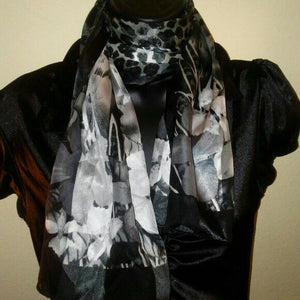 Women's Black and White Decorative Neck Scarf Silk Feel 58x13