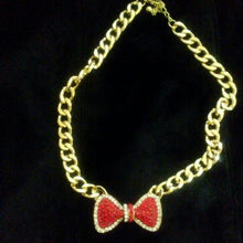 Load image into Gallery viewer, Red &amp; Clear Rhinestone Bow Gold Tone Necklace