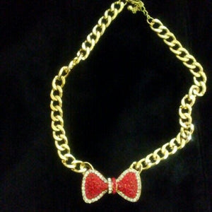 Red & Clear Rhinestone Bow Gold Tone Necklace