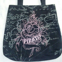 Load image into Gallery viewer, Pirates Women&#39;s Black Tote with Pink Lettering and Rose Design