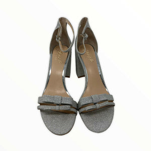 Jewel by Bagley Mischka Silver Glitter Open Toe Shoes Chunky Heel Womens Size 8