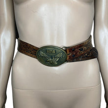 Load image into Gallery viewer, Vintage NRA Golden Eagles Leather Belt w Buckle Brown Tooled