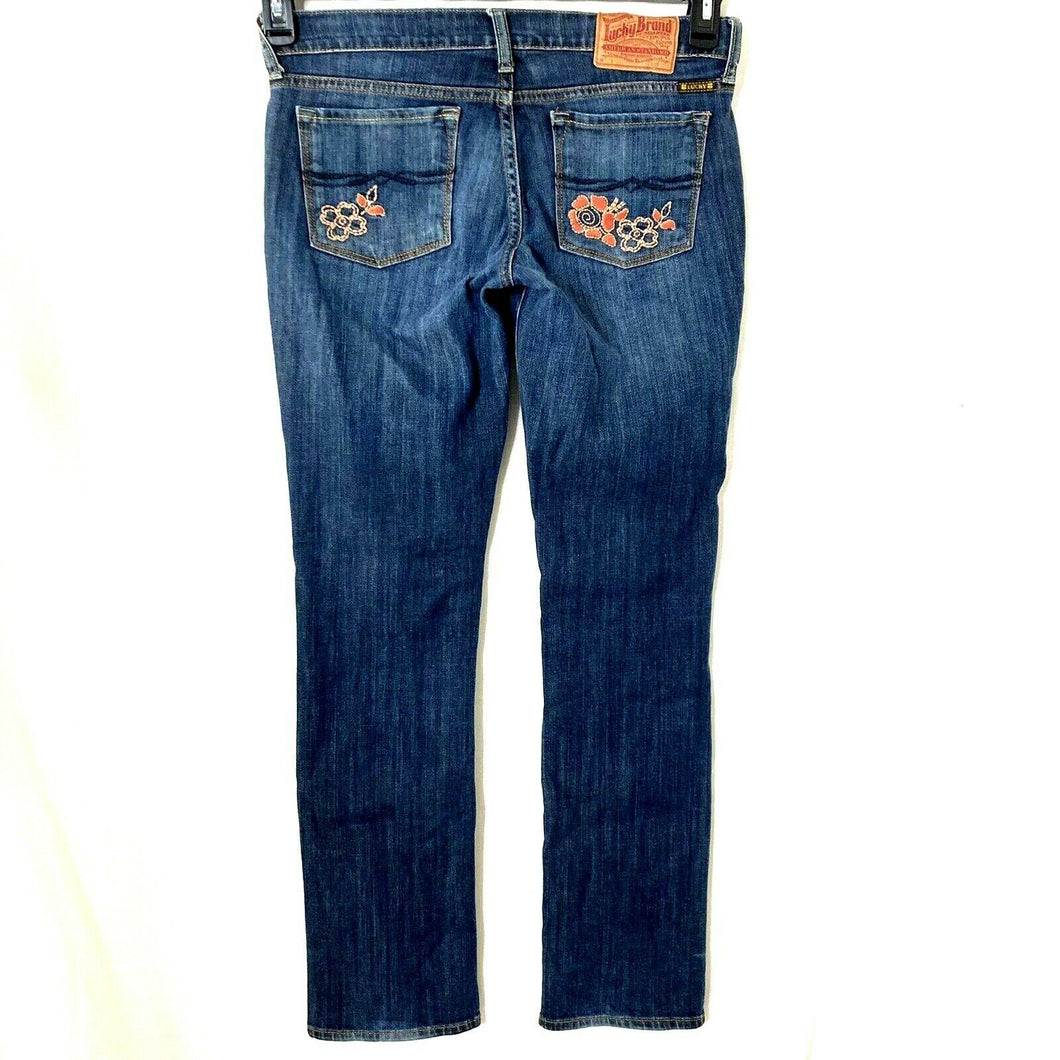 Lucky Brand Regular Inseam Womens Floral Embroidered Blue Jeans Size 4 27