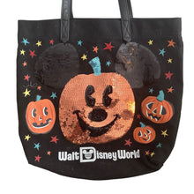 Load image into Gallery viewer, Disney Parks Tote Mickey Mouse Halloween Orange Black Sequins Jack o Lantern