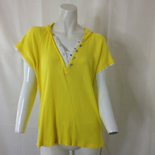 Load image into Gallery viewer, Kenar Sport Womnes Yellow White Ribbed Hooded Short Sleeve Top Size Extra Large