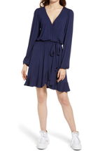 Load image into Gallery viewer, BP. Dress Navy Salute Blue Asymmetrical Ruffle Long Sleeve Wrap Mini  XS