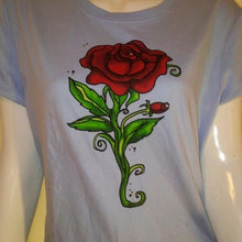 Load image into Gallery viewer, Pink Cookie Women&#39;s Light Blue T-shirt w Red Rose Extra Large