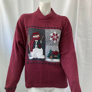 Vintage Womens Burgundy Embroidered Snowman Christmas Sweater Large