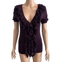 Load image into Gallery viewer, Sweater Women&#39;s Medium Purple Ruffled Buttoned Front Stretch