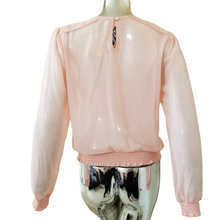 Load image into Gallery viewer, Socialite Blouse Womens Pink Crochet Trim Semi-Sheer Smocked Cuffs/Hem Large NEW