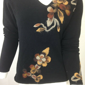 Chagall Womens Black Vintage Sweater with Floral Accents Medium