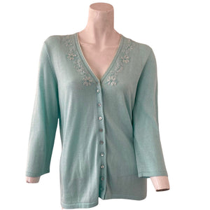 Liz Claiborne Collection Cardigan Sweater Aqua Green Embroidered Med Linen Blend