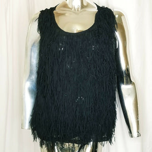 Pinky Womens Black Fringe Front Sheer Sleeveless Pullover Top Blouse L