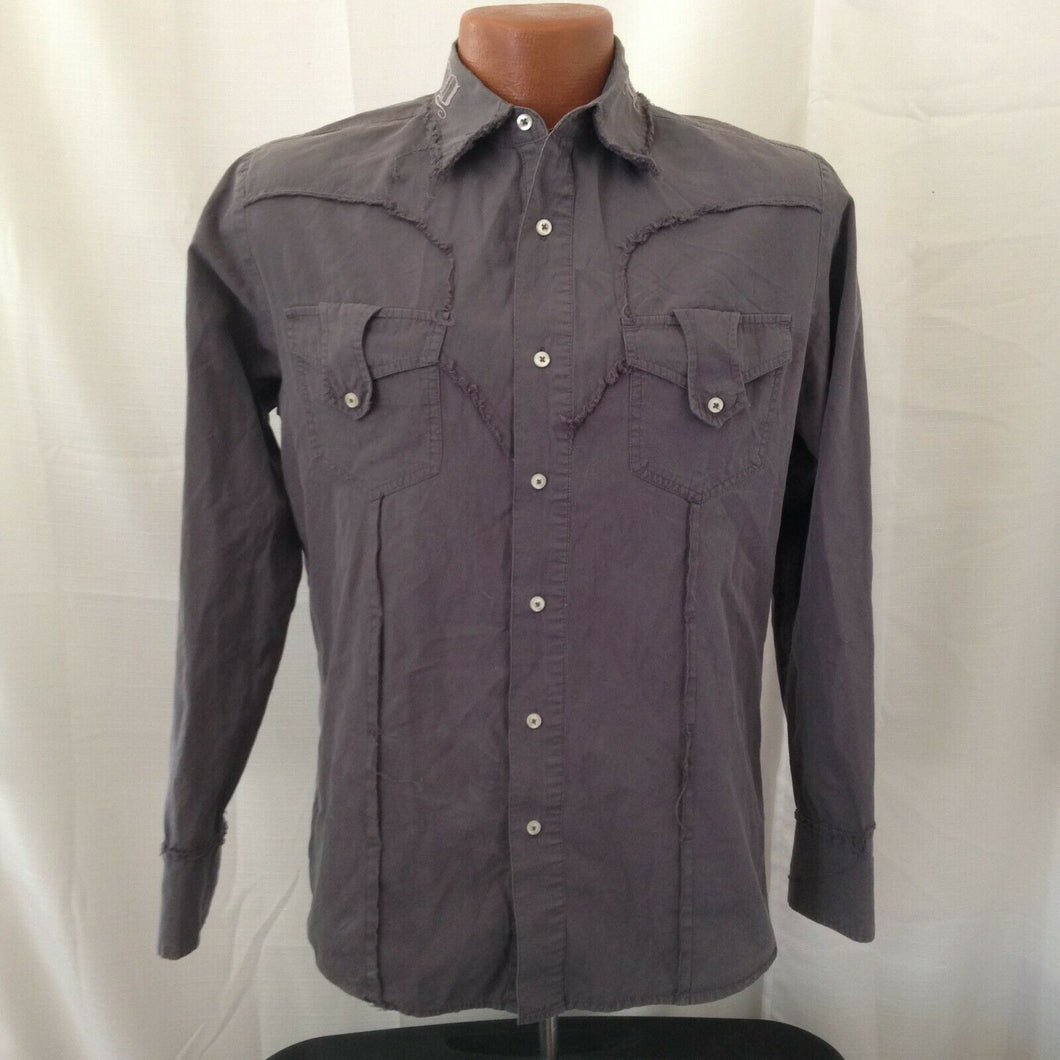 Monarchy Distressed Mens Dark Gray Embroidered Button Down Casual Shirt Small