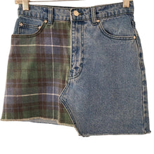 Load image into Gallery viewer, Pull &amp; Bear Denim Skirt Micro Mini two tone plaid Green Blue Small Asymmetrical