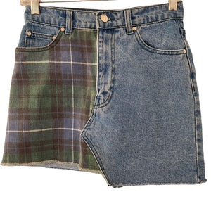 Pull & Bear Denim Skirt Micro Mini two tone plaid Green Blue Small Asymmetrical