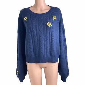 BP Sweater Women’s XL Floral Embroidered Navy Blue Pullover Stretch
