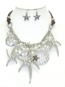 Necklace & Earring Set Sea Shells Starfish Faux Pearl Silver 16 Inch