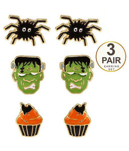 Assorted Halloween Earrings 3 Pair Frankenstein Spiders Cupcakes