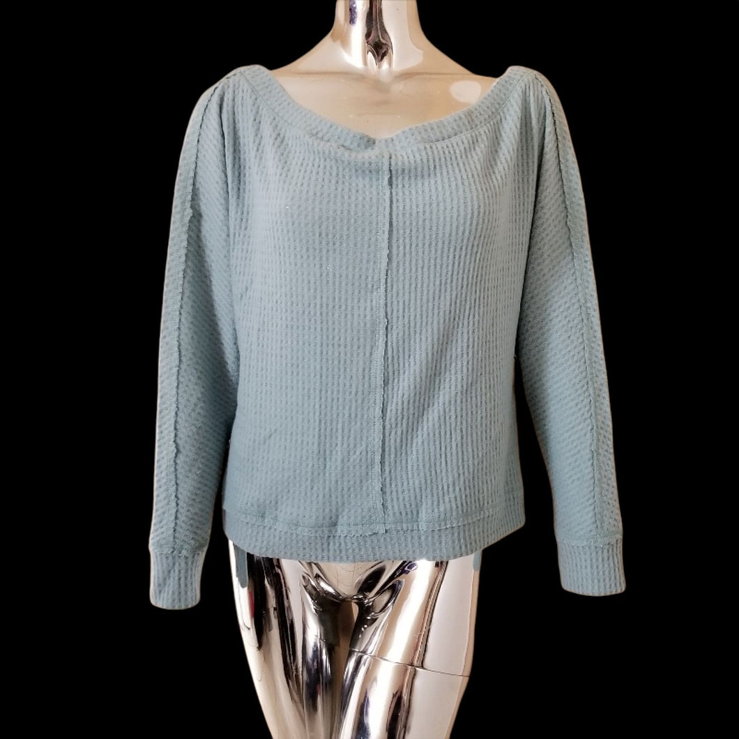 Caslon Womens Blue Boat Neck Raw Seams Waffle Knit Pullover Sweater Top S