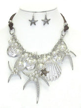 Load image into Gallery viewer, Necklace &amp; Earring Set Sea Shells Starfish Faux Pearl Silver 16 Inch