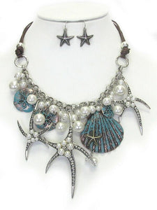 Necklace & Earring Set Sea Shells Starfish Faux Pearl Silver Blue 16 Inch